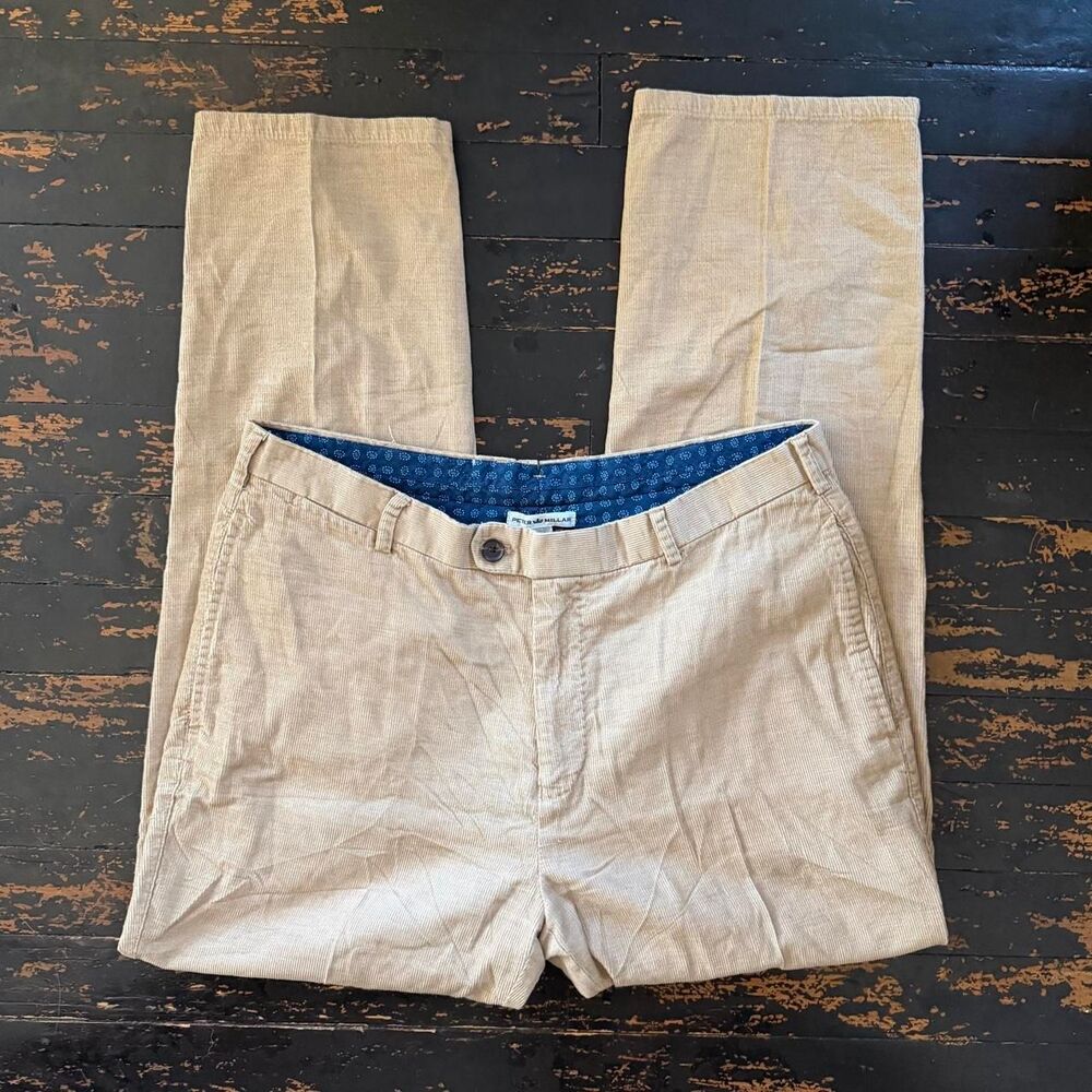Peter Millar khaki corduroy pants with royal blue lining